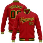 Personalized Red Green-Gold Bomber Full-Snap Varsity Letterman Jacket Team Custom Name and Number