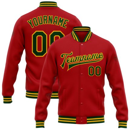 Personalized Red Green-Gold Bomber Full-Snap Varsity Letterman Jacket Team Custom Name and Number
