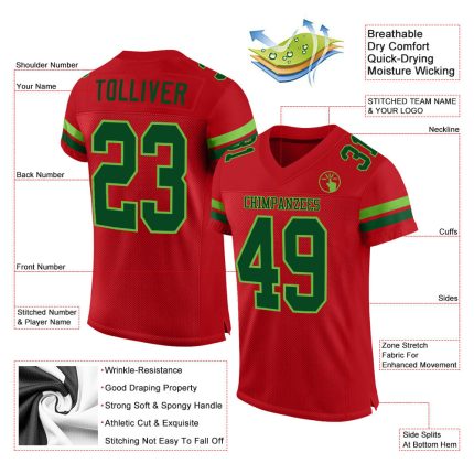 Personalized Red Green-Neon Green Mesh Authentic Football Jersey Team Custom Name and Number
