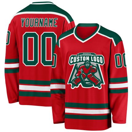 Personalized Red Green-White Hockey Jersey Team Custom Name and Number