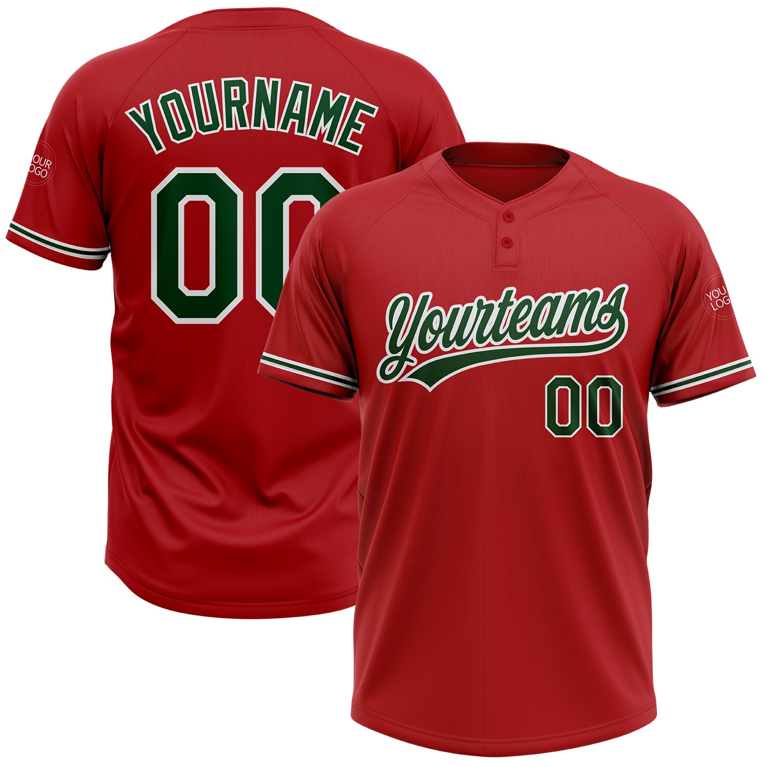 Personalized Red Green-White Two-Button Unisex Softball Jersey Team Custom Name and Number