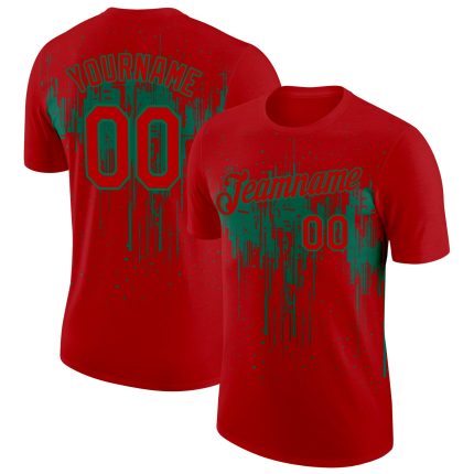 Personalized Red Kelly Green 3D Pattern Design Dripping Splatter Art Performance T-Shirt Team Custom Name and Number