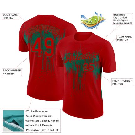 Personalized Red Kelly Green 3D Pattern Design Dripping Splatter Art Performance T-Shirt Team Custom Name and Number