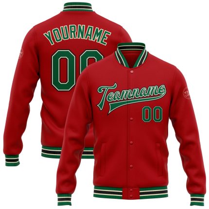 Personalized Red Kelly Green Cream-Black Bomber Full-Snap Varsity Letterman Jacket Team Custom Name and Number