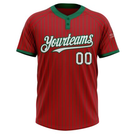 Personalized Red Kelly Green Pinstripe Kelly Green Two-Button Unisex Softball Jersey Team Custom Name and Number