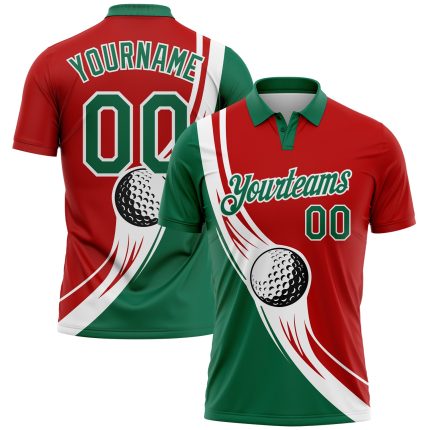Personalized Red Kelly Green-White 3D Pattern Design Golf Ball Performance Golf Polo Shirt Team Custom Name and Number