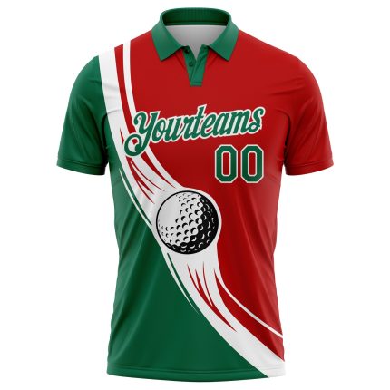Personalized Red Kelly Green-White 3D Pattern Design Golf Ball Performance Golf Polo Shirt Team Custom Name and Number