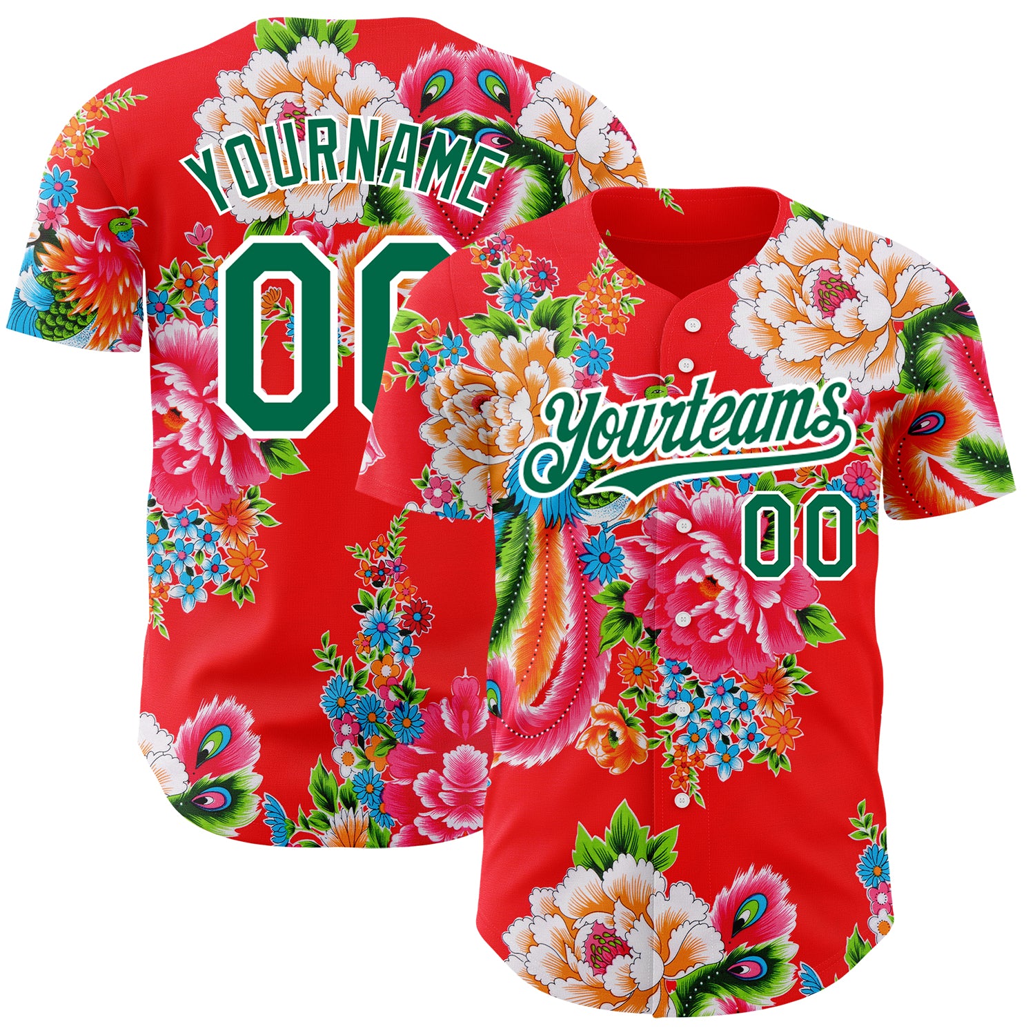Personalized Red Kelly Green-White 3D Pattern Design Northeast China Big Flower Authentic Baseball Jersey