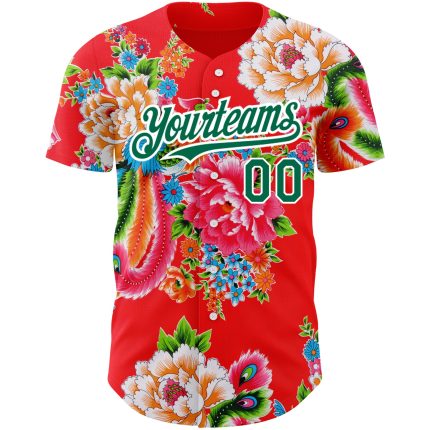 Personalized Red Kelly Green-White 3D Pattern Design Northeast China Big Flower Authentic Baseball Jersey