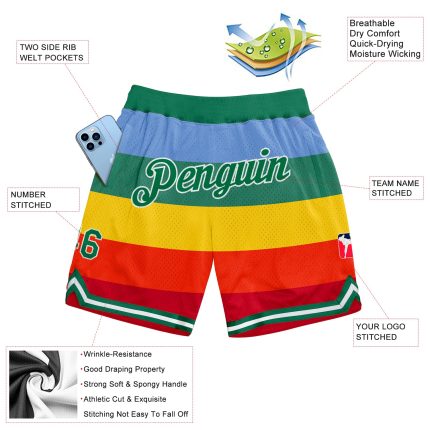 Personalized Red Kelly Green-White 3D Pattern Design Rainbow Authentic Basketball Shorts Team Custom Name and Number