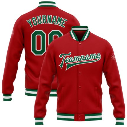 Personalized Red Kelly Green-White Bomber Full-Snap Varsity Letterman Jacket Team Custom Name and Number