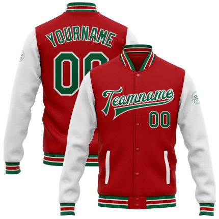 Personalized Red Kelly Green-White Bomber Full-Snap Varsity Letterman Two Tone Jacket