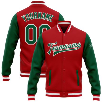 Personalized Red Kelly Green-White Bomber Full-Snap Varsity Letterman Two Tone Jacket Team Custom Name and Number
