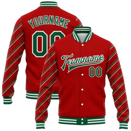 Personalized Red Kelly Green-White Christmas 3D Bomber Full-Snap Varsity Letterman Jacket