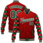 Personalized Red Kelly Green-White Christmas 3D Bomber Full-Snap Varsity Letterman Jacket Team Custom Name and Number