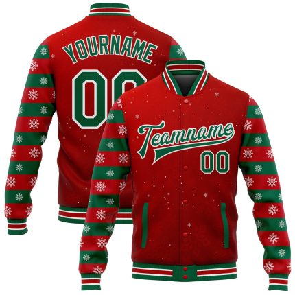 Personalized Red Kelly Green-White Christmas 3D Bomber Full-Snap Varsity Letterman Jacket Team Custom Name and Number