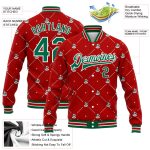 Personalized Red Kelly Green-White Christmas Dog Wearing Santa Claus Costume 3D Bomber Full-Snap Varsity Letterman Jacket Team Custom Name and Number