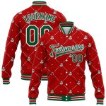 Personalized Red Kelly Green-White Christmas Dog Wearing Santa Claus Costume 3D Bomber Full-Snap Varsity Letterman Jacket Team Custom Name and Number