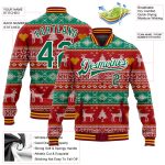 Personalized Red Kelly Green-White Christmas Reindeers 3D Bomber Full-Snap Varsity Letterman Jacket Team Custom Name and Number