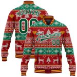 Personalized Red Kelly Green-White Christmas Reindeers 3D Bomber Full-Snap Varsity Letterman Jacket Team Custom Name and Number