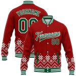 Personalized Red Kelly Green-White Christmas Snowflakes 3D Bomber Full-Snap Varsity Letterman Jacket Team Custom Name and Number