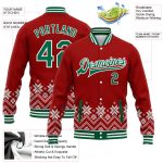 Personalized Red Kelly Green-White Christmas Snowflakes 3D Bomber Full-Snap Varsity Letterman Jacket Team Custom Name and Number