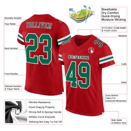Personalized Red Kelly Green-White Mesh Authentic Football Jersey Team Custom Name and Number
