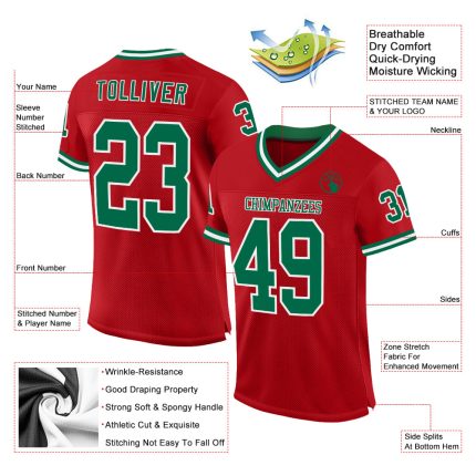 Personalized Red Kelly Green-White Mesh Authentic Throwback Football Jersey Team Custom Name and Number