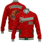 Personalized Red Kelly Green-White Mexico 3D Bomber Full-Snap Varsity Letterman Jacket Team Custom Name and Number