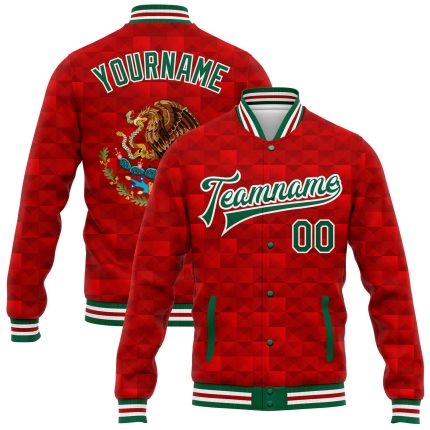 Personalized Red Kelly Green-White Mexico 3D Bomber Full-Snap Varsity Letterman Jacket Team Custom Name and Number