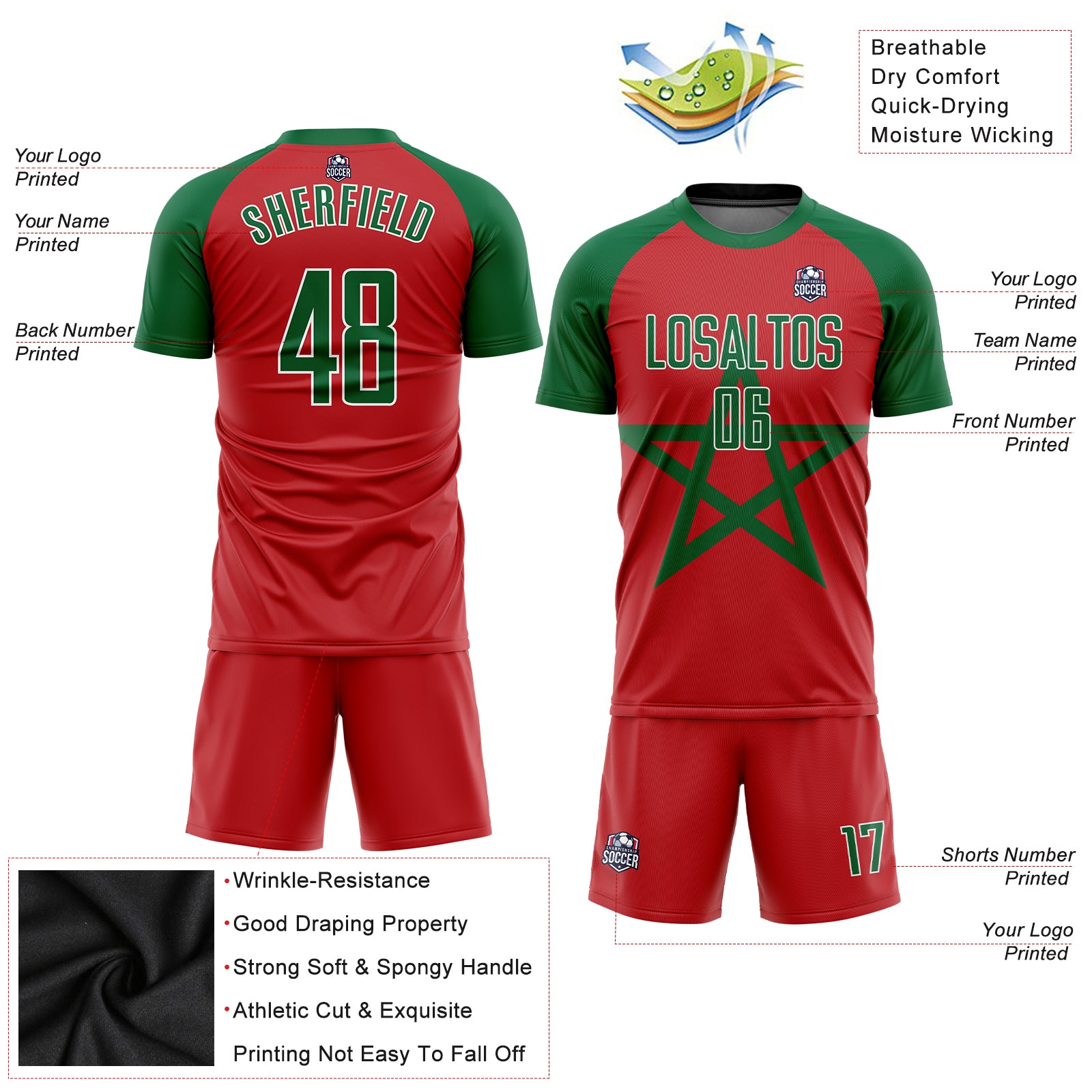 Personalized Red Kelly Green-White Sublimation Moroccan Flag Soccer Uniform Jersey Team Custom Name and Number Personalized Red Kelly Green-White Sublimation Moroccan Flag Soccer Uniform Jersey Team Custom Name and Number - Image 3