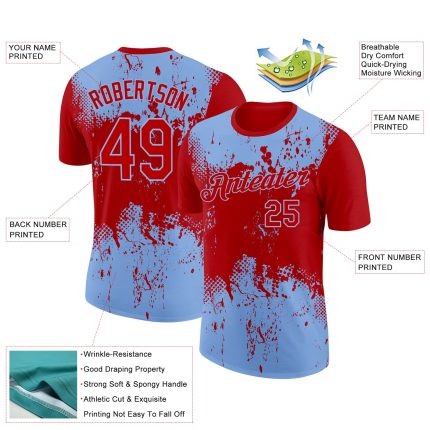 Personalized Red Light Blue 3D Pattern Design Dripping Splatter Art Performance T-Shirt