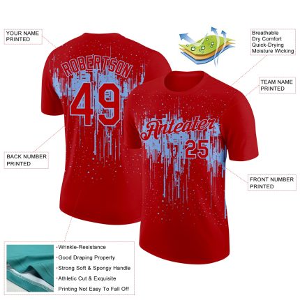 Personalized Red Light Blue 3D Pattern Design Dripping Splatter Art Performance T-Shirt Team Custom Name and Number