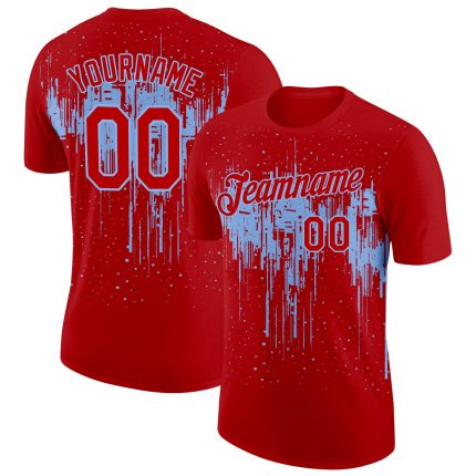 Personalized Red Light Blue 3D Pattern Design Dripping Splatter Art Performance T-Shirt Team Custom Name and Number