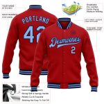 Personalized Red Light Blue-Navy Bomber Full-Snap Varsity Letterman Jacket Team Custom Name and Number