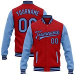 Personalized Red Light Blue-Navy Bomber Full-Snap Varsity Letterman Two Tone Jacket Team Custom Name and Number