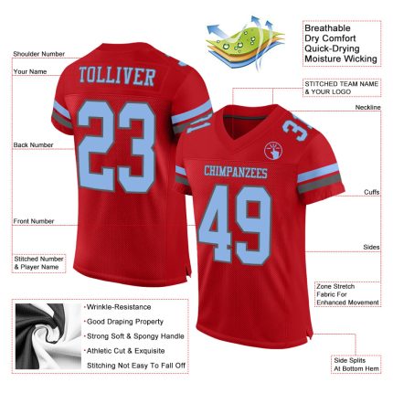 Personalized Red Light Blue-Steel Gray Mesh Authentic Football Jersey Team Custom Name and Number