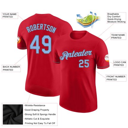 Personalized Red Light Blue-Steel Gray Performance T-Shirt Team Custom Name and Number