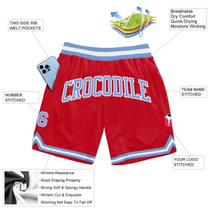 Personalized Red Light Blue-White Authentic Throwback Basketball Shorts Team Custom Name and Number