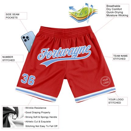 Personalized Red Light Blue-White Authentic Throwback Basketball Shorts