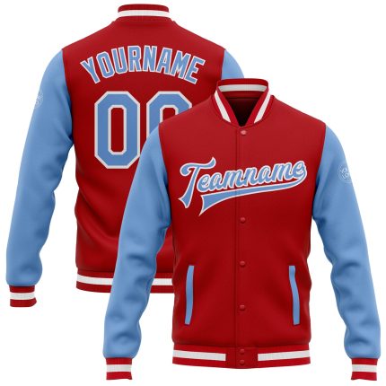 Personalized Red Light Blue-White Bomber Full-Snap Varsity Letterman Two Tone Jacket Team Custom Name and Number