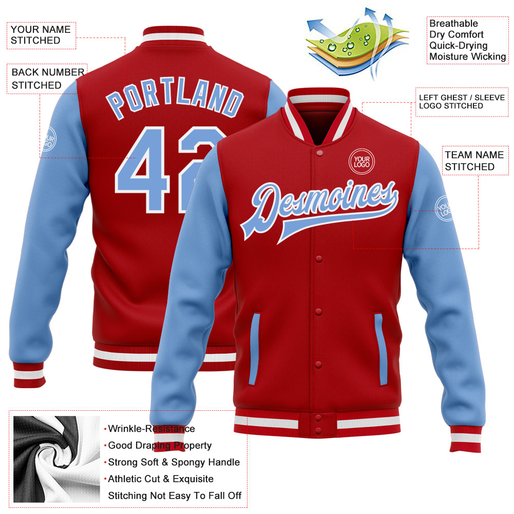 Personalized Red Light Blue-White Bomber Full-Snap Varsity Letterman Two Tone Jacket Team Custom Name and Number Personalized Red Light Blue-White Bomber Full-Snap Varsity Letterman Two Tone Jacket Team Custom Name and Number - Image 3
