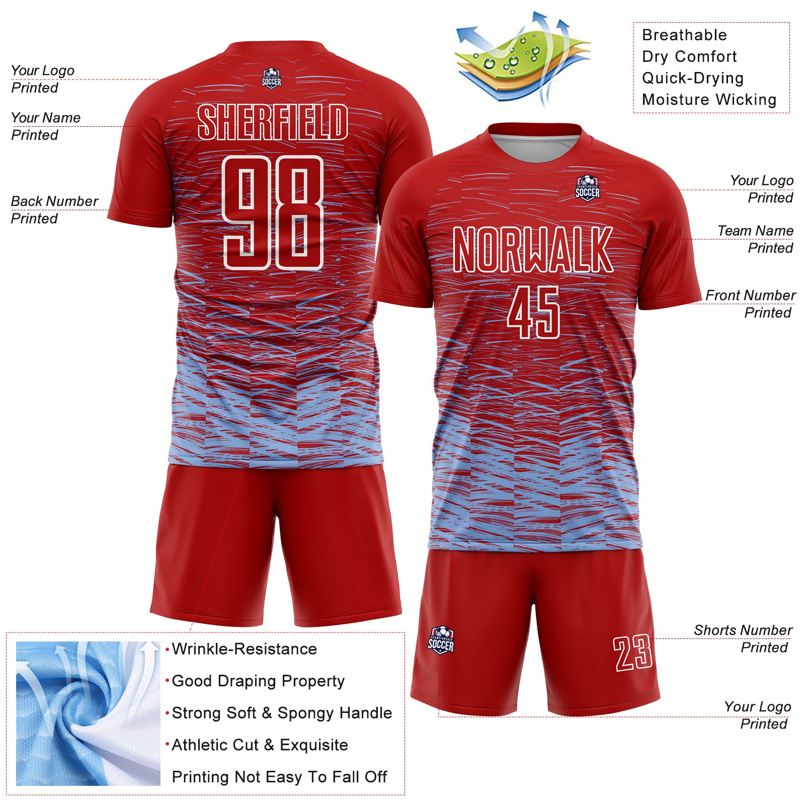 Personalized Red Light Blue-White Line Sublimation Soccer Uniform Jersey Team Custom Name and Number Personalized Red Light Blue-White Line Sublimation Soccer Uniform Jersey Team Custom Name and Number - Image 4