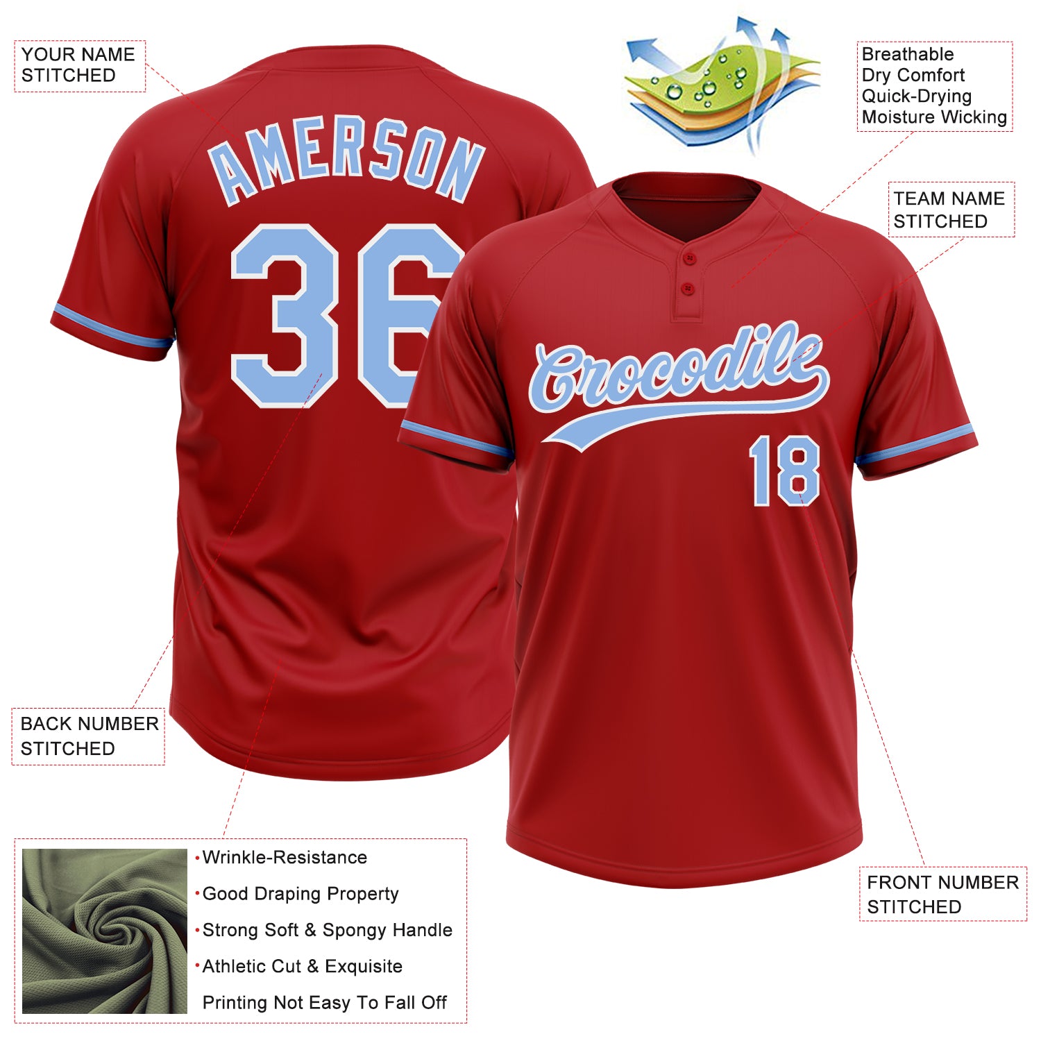 Personalized Red Light Blue-White Two-Button Unisex Softball Jersey Personalized Red Light Blue-White Two-Button Unisex Softball Jersey - Image 3