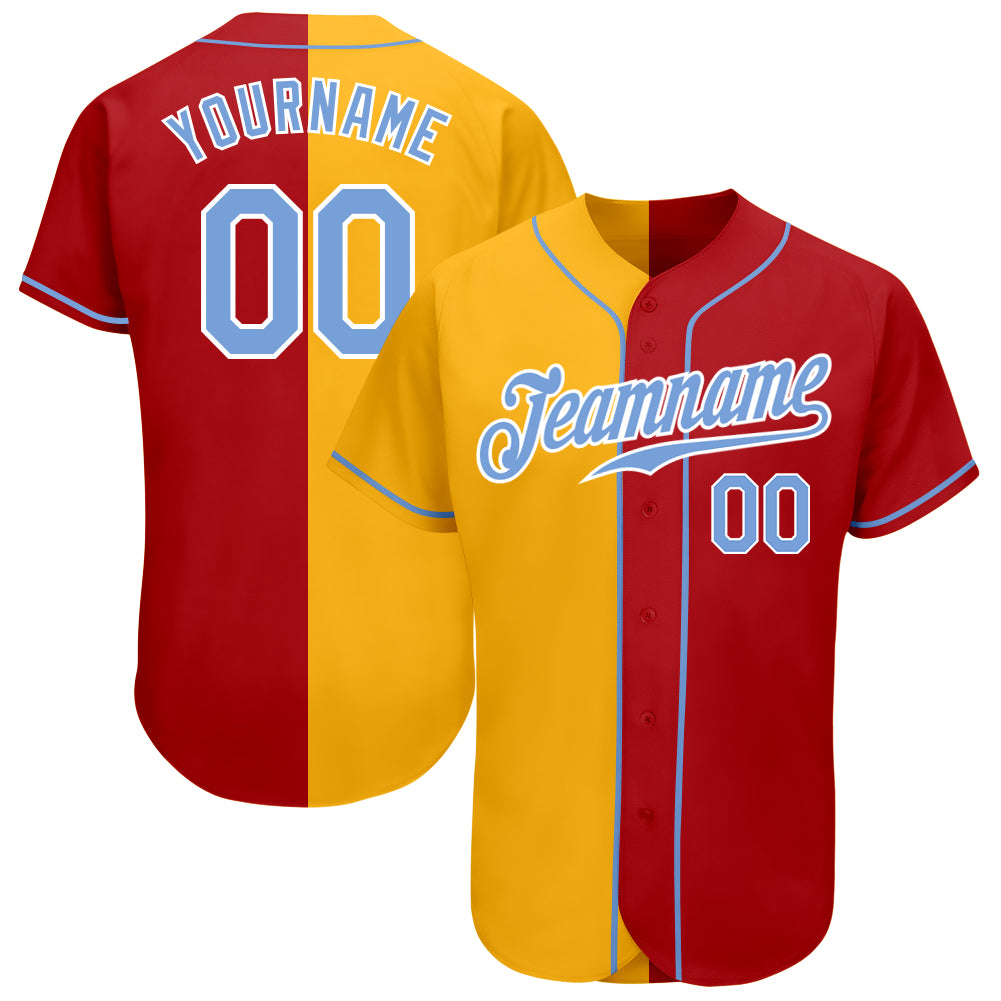 Personalized Red Light Blue-Yellow Authentic Split Fashion Baseball Jersey Team Custom Name and Number