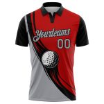 Personalized Red Light Gray-Black 3D Pattern Design Golf Ball Performance Golf Polo Shirt Team Custom Name and Number