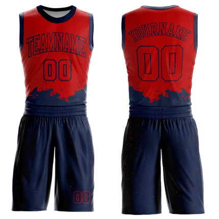 Personalized Red Navy Color Splash Round Neck Sublimation Basketball Suit Jersey Team Custom Name and Number