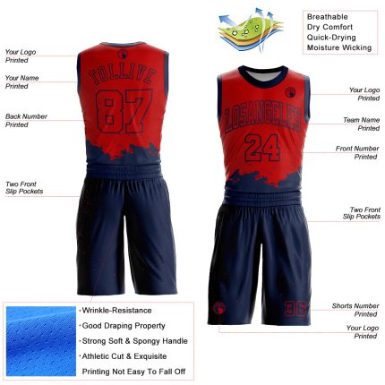 Personalized Red Navy Color Splash Round Neck Sublimation Basketball Suit Jersey Team Custom Name and Number