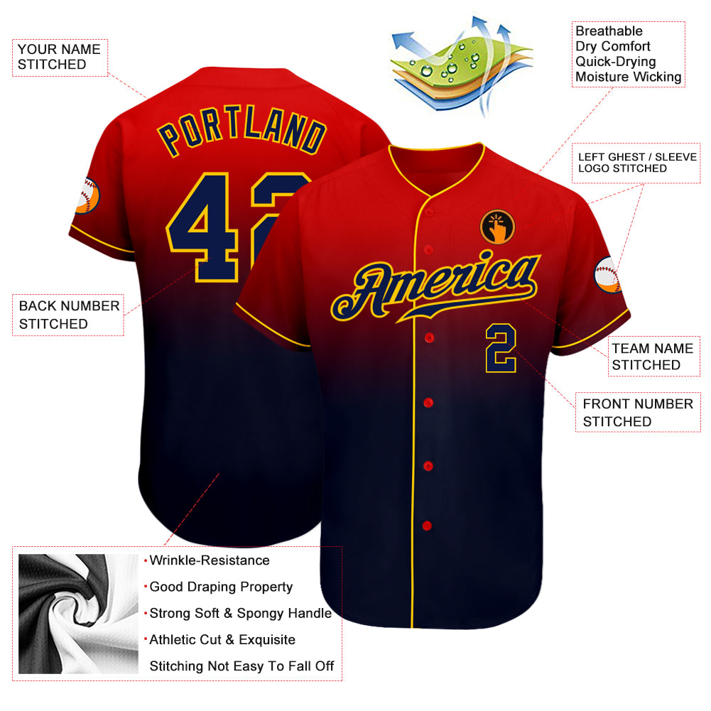 Personalized Red Navy-Gold Authentic Fade Fashion Baseball Jersey Team Custom Name and Number Personalized Red Navy-Gold Authentic Fade Fashion Baseball Jersey Team Custom Name and Number - Image 3
