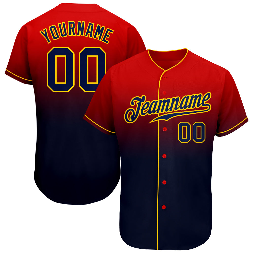 Personalized Red Navy-Gold Authentic Fade Fashion Baseball Jersey Team Custom Name and Number